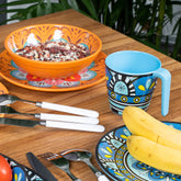 Melamin Tassen 350 ml ideal für Camping 4 Personen - Toskana MIX - BUNT - Stapelbar - Steingutoptik Mandala Trinkbecher Kaffeetasse Kaffeebecher